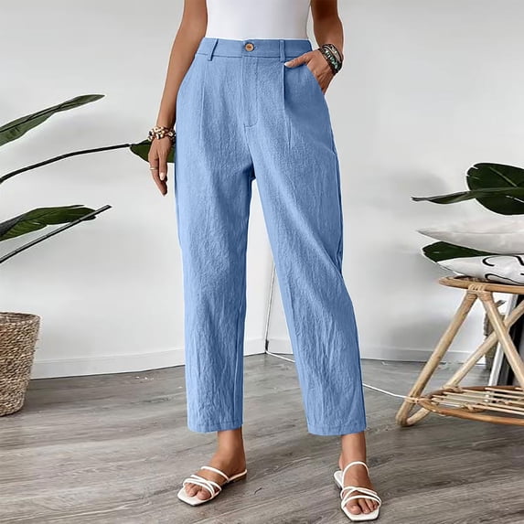 Oiangi Womens Dress Pants Elastic Waist Straight Leg Pant Fall Casual Business Ankle Trousers with Pockets Light Blue L