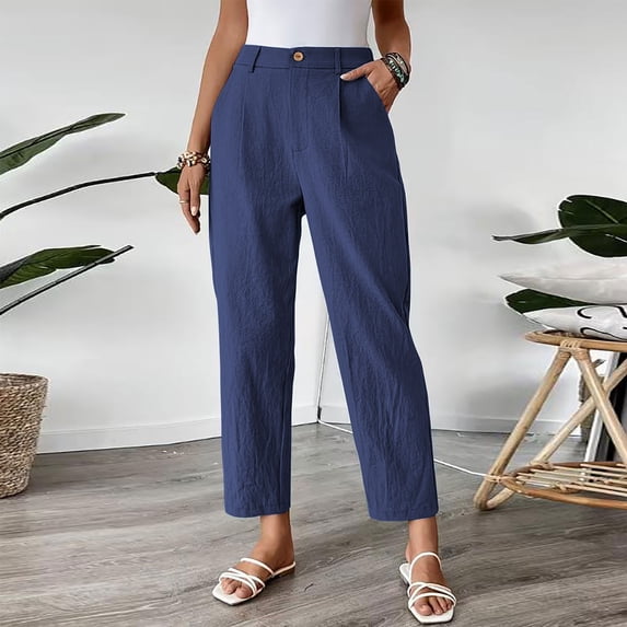 Oiangi Womens Dress Pants Elastic Waist Straight Leg Pant Fall Casual Business Ankle Trousers with Pockets Navy 2XL