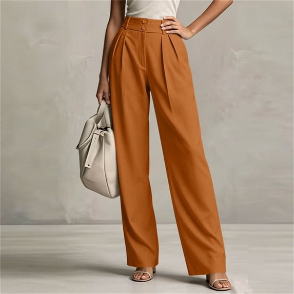 Oiangi Womens Dress Pants High Waisted Button Pleated Work Pant Fall Casual Business Straight Leg Trousers with Pockets Brown S