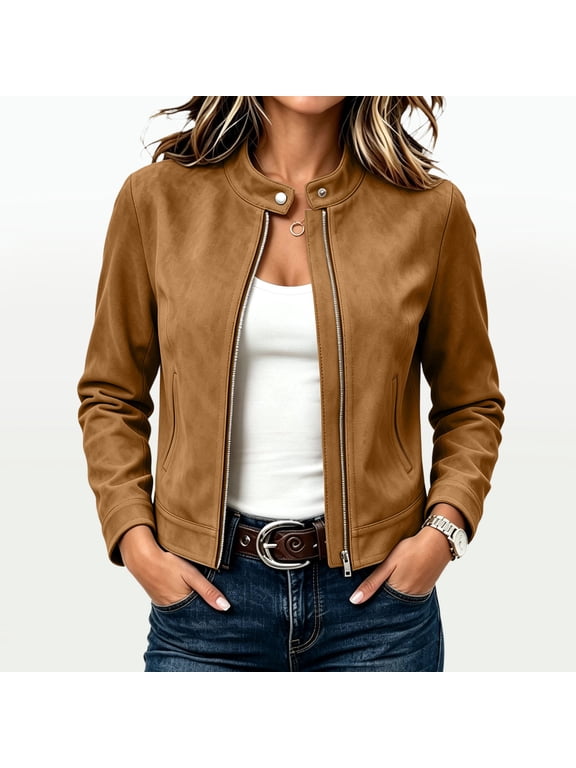 Womens Faux Suede Jackets Zip Up Crop Biker Moto Coat Outerwear for Early Fall Fashion Coffee 2XL