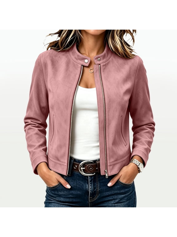 Womens Faux Suede Jackets Zip Up Crop Biker Moto Coat Outerwear for Early Fall Fashion Pink M
