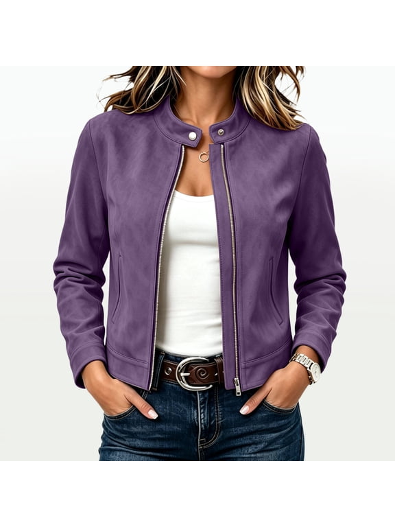 Womens Faux Suede Jackets Zip Up Crop Biker Moto Coat Outerwear for Early Fall Fashion Purple 2XL
