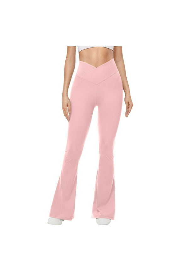 Womens Flare Leggings Crossover Elastic Waist Yoga Pants Stretchy Butt Lifting Trousers Pink S