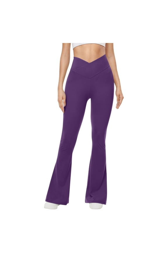Womens Flare Leggings Crossover Elastic Waist Yoga Pants Stretchy Butt Lifting Trousers Purple S