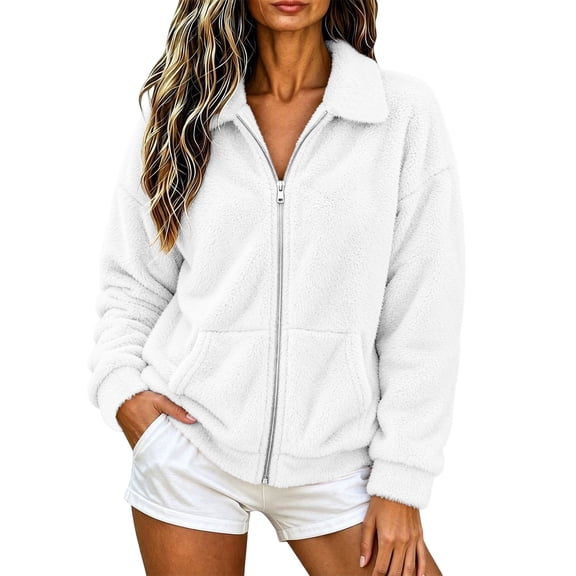 Oiangi Womens Fleece Jackets Zipper Lapel Fluffy Sherpa Jacket Fall Lightweight Outerwear with Pockets White M