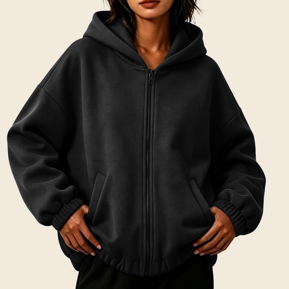 Oiangi Womens Full-Zip Hoodies Long Sleeve Pullover Basic Sweatshirts Fall Winter Daily Wear Sweatshirt with Pockets Black XL