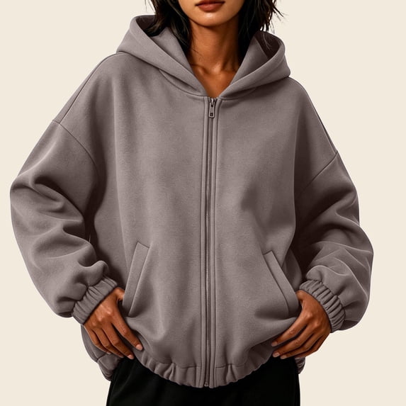 Oiangi Womens Full-Zip Hoodies Long Sleeve Pullover Basic Sweatshirts Fall Winter Daily Wear Sweatshirt with Pockets Coffee S