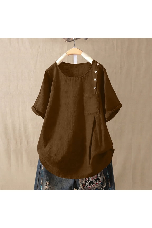 Womens Gauze Shirts Rolled Short Sleeve Button Blouses Scooped Neck Ruched Tunic Tops Coffee M