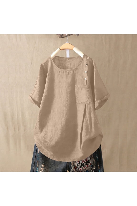 Womens Gauze Shirts Rolled Short Sleeve Button Blouses Scooped Neck Ruched Tunic Tops Khaki XL