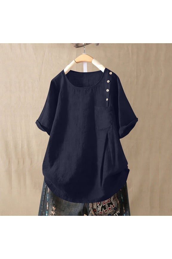 Womens Gauze Shirts Rolled Short Sleeve Button Blouses Scooped Neck Ruched Tunic Tops Navy S