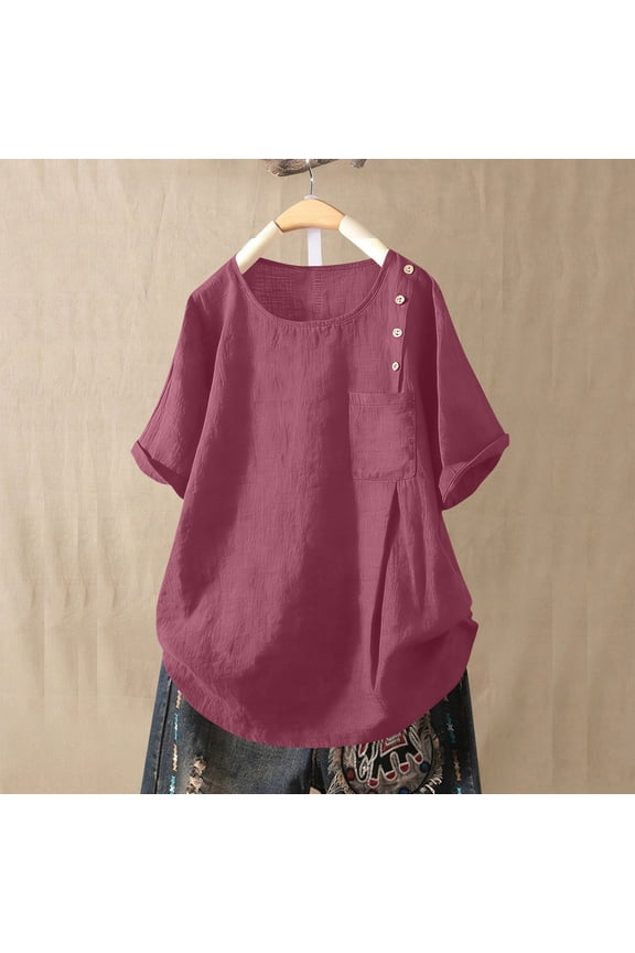 Womens Gauze Shirts Rolled Short Sleeve Button Blouses Scooped Neck Ruched Tunic Tops Pink XL
