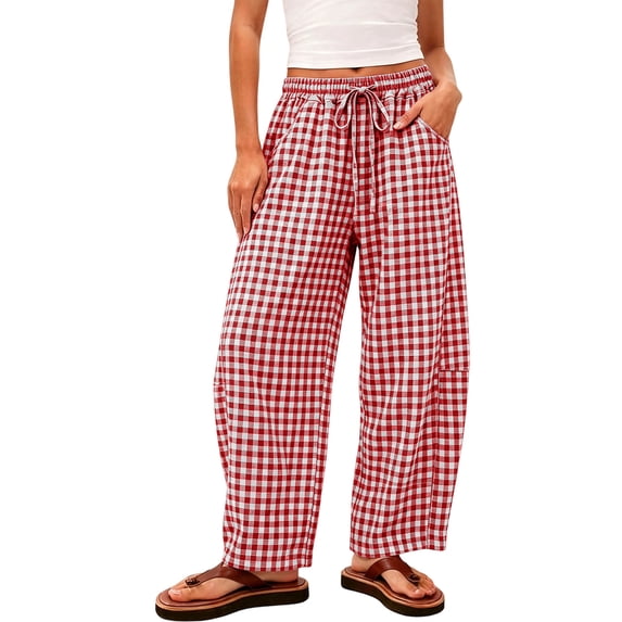 Oiangi Womens Gingham Plaid Pants Elastic Waist Baggy Barrel Pant Fall Casual Drawstring Travel Trousers with Pockets Red 2XL