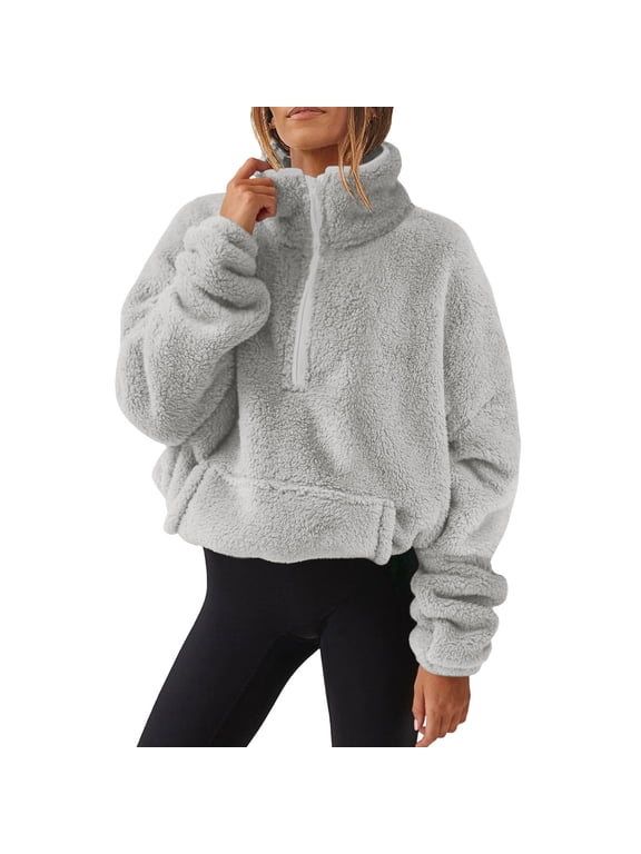 Womens Half Zip Sherpa Pullover Double Fuzzy Fleece Fluffy Sweatshirts with Pockets Cropped Sweatshirt for Winter Gray S