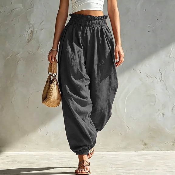 Oiangi Womens Harem Pants Elastic Waist Ruffled Beach Pant Casual Ruched Cinch Waist Ankle Trousers with Pockets Dark Gray S