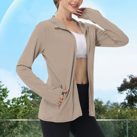 Oiangi Womens Hoodie Jackets with Zipper Pockets Sun Protection SPF Athletic Shirts Long Sleeve Full Zip Workout Tops Khaki XL