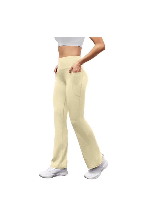 Womens Leggings with Side Pockets Stretchy Butt Lift Yoga Pants Elastic High Waist Workout Bottoms Skinny Trousers Beige M