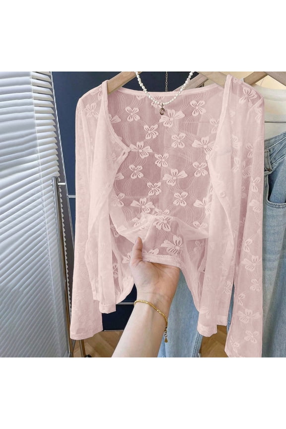 Womens Lightweight Lace Cardigans Plus Size Long Sleeve Coverups Button Open Front Dressy Wedding Shrugs Pink 3XL