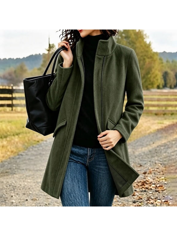 Womens Long Coat Winter Tweed Blazer Jackets Zipper Peacoat with Pockets for Winter Army Green L