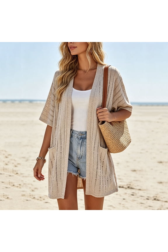 Womens Long Sheer Cardigans Half Sleeve Crochet Sweaters Open Front Pockets Coverups for Fall Travel Khaki S