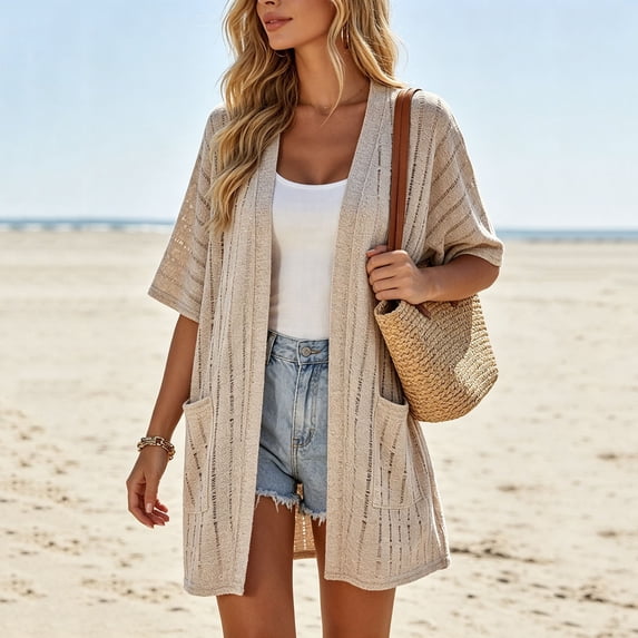 Oiangi Womens Long Sheer Cardigans Half Sleeve Crochet Sweaters Open Front Pockets Coverups for Fall Travel Khaki XL