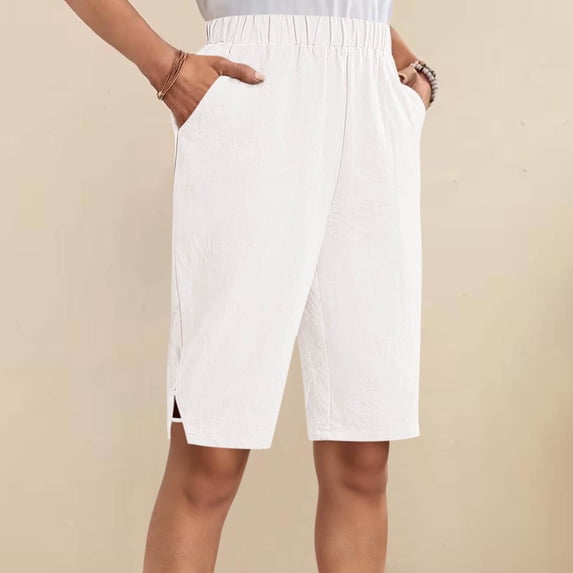 Oiangi Womens Long Shorts Elastic Waist Bermuda Shorts Causal Straight Leg Knee Shorts with Pockets White M
