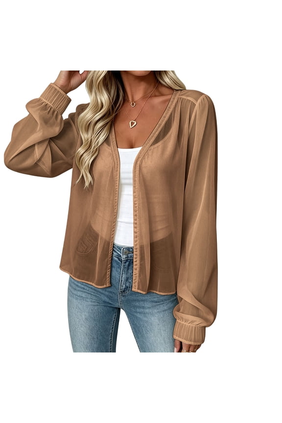 Womens Long Sleeve Cardigan Chiffon See Through Open Front Shirts Fall Lantern Sleeve Tops for Beach Travel Khaki XL