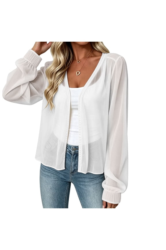 Womens Long Sleeve Cardigan Chiffon See Through Open Front Shirts Fall Lantern Sleeve Tops for Beach Travel White S