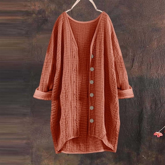 Oiangi Womens Long Sleeve Cardigans Cotton Linen Lightweight Button Coat Casual Loose Solid Open Front Tops for Fall Brown S