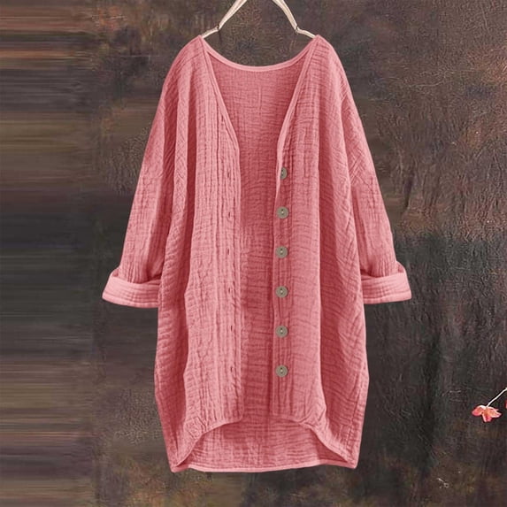 Oiangi Womens Long Sleeve Cardigans Cotton Linen Lightweight Button Coat Casual Loose Solid Open Front Tops for Fall Pink 2XL