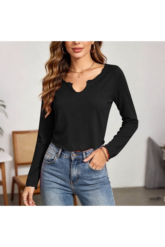 Womens Long Sleeve Crop Tops Notched Neck Lettuce Hem Blouses Fall Fitted Classic Fit Shirts Black L
