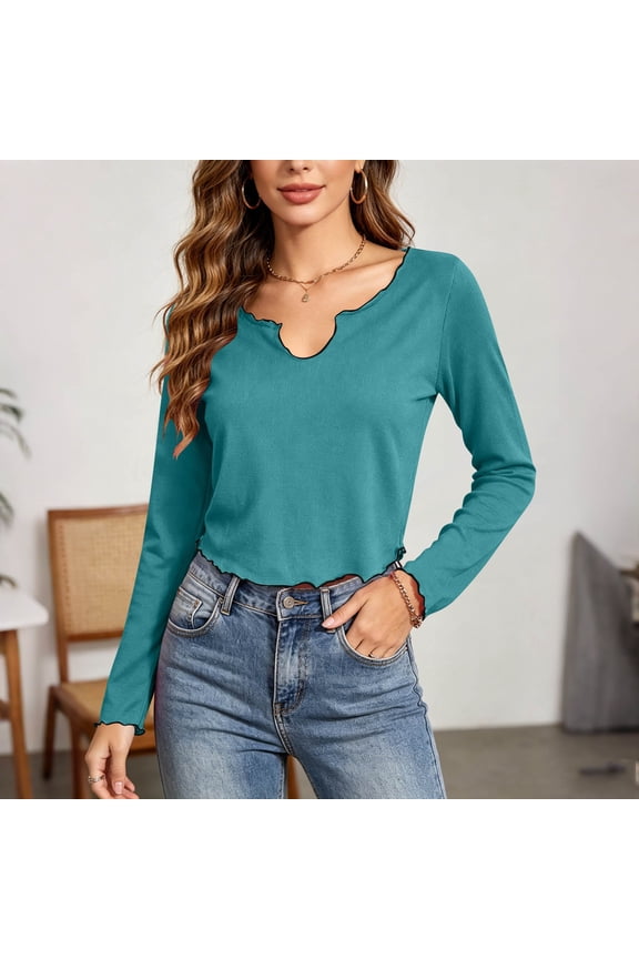 Womens Long Sleeve Crop Tops Notched Neck Lettuce Hem Blouses Fall Fitted Classic Fit Shirts Green XL