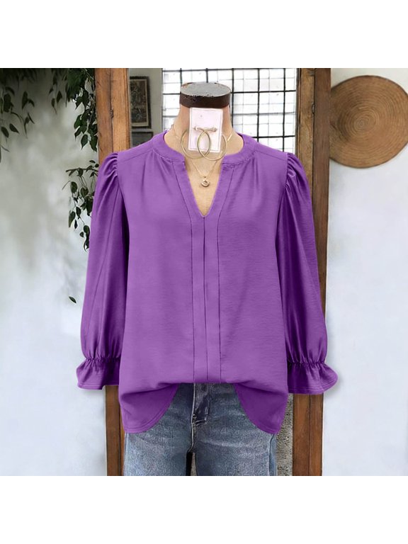 Womens Long Sleeve Henley Shirts Ruffled Cuff Ruched Tops Fall Business Work Blouses Purple M