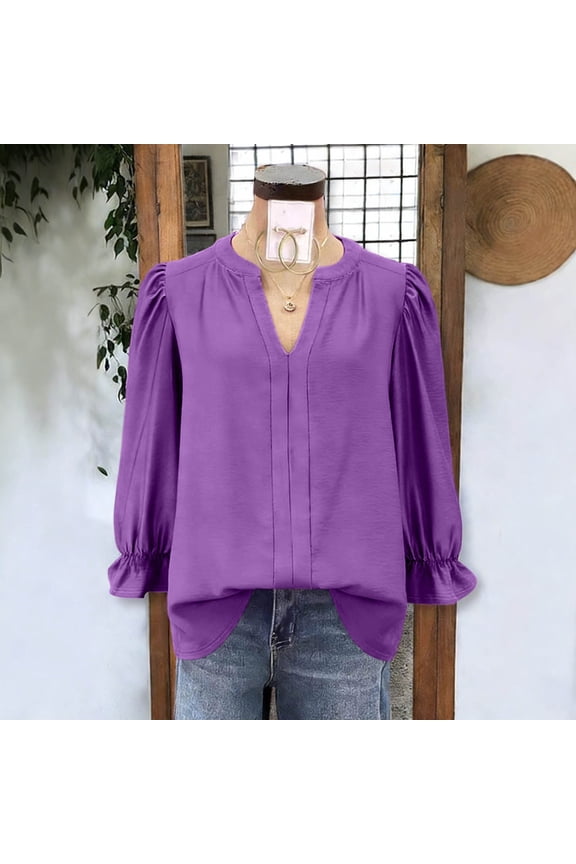 Womens Long Sleeve Henley Shirts Ruffled Cuff Ruched Tops Fall Business Work Blouses Purple M