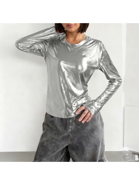 Womens Long Sleeve Metallic T-Shirt Crewneck Shimmer Disco Party Tees Slimming Club Sparkly Basic Layer Blouses for Fall Silver 2XL