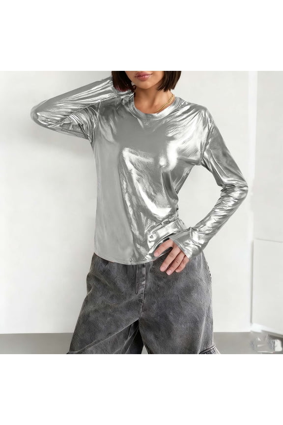 Womens Long Sleeve Metallic T-Shirt Crewneck Shimmer Disco Party Tees Slimming Club Sparkly Basic Layer Blouses for Fall Silver 2XL