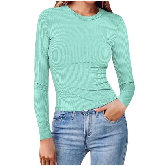 Oiangi Womens Long Sleeve Shirts Crew Neck Basic Layer Ribbed Slim Fitted Tee for Fall Winter Light Blue XL