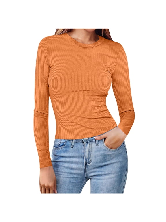 Womens Long Sleeve Shirts Crew Neck Basic Layer Ribbed Slim Fitted Tee for Fall Winter Orange M