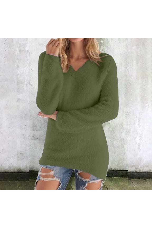 Womens Long Sleeve Thermal Tops Loose Fluffy Fuzzy Jumper Sweater Oversized Fleece Warm Winter Shirts Army Green 2XL