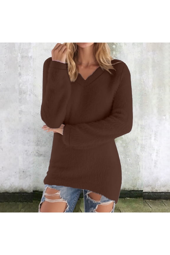Womens Long Sleeve Thermal Tops Loose Fluffy Fuzzy Jumper Sweater Oversized Fleece Warm Winter Shirts Coffee 2XL