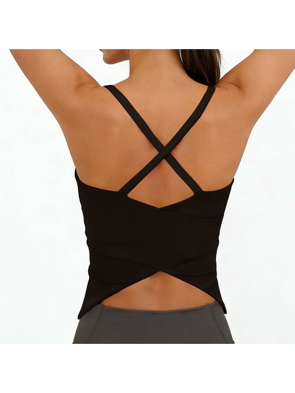 Womens Open Back Halter Spaghetti Strap Cross Criss Sleeveless Camisole for Running Workout Yoga Black M