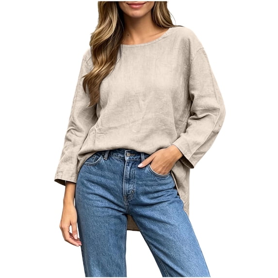 Oiangi Womens Oversized Long Sleeve Shirts Scoop Neck Basic Tunic Tops Fall Comfy Fashion Streetwear Blouses Beige XL