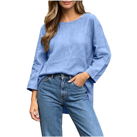 Oiangi Womens Oversized Long Sleeve Shirts Scoop Neck Basic Tunic Tops Fall Comfy Fashion Streetwear Blouses Sky Blue M