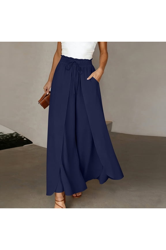 Womens Palazzo Pants Ruffled Elastic Waist Drawstring Trousers Casual Flowy Split Hem Pant with Pockets Navy M