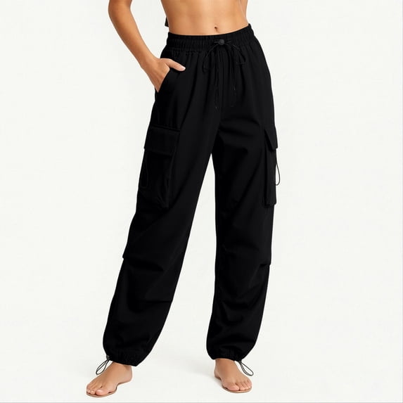 Oiangi Womens Plus Size Cargo Pants Elastic Waist Drawstring Parachute Pant Casual Lightweight Hiking Pants with Multi-Pocket Black 3XL