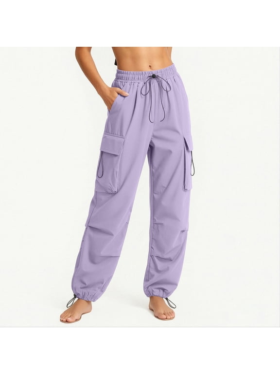 Womens Plus Size Cargo Pants Elastic Waist Drawstring Parachute Pant Casual Lightweight Hiking Pants with Multi-Pocket Purple 3XL