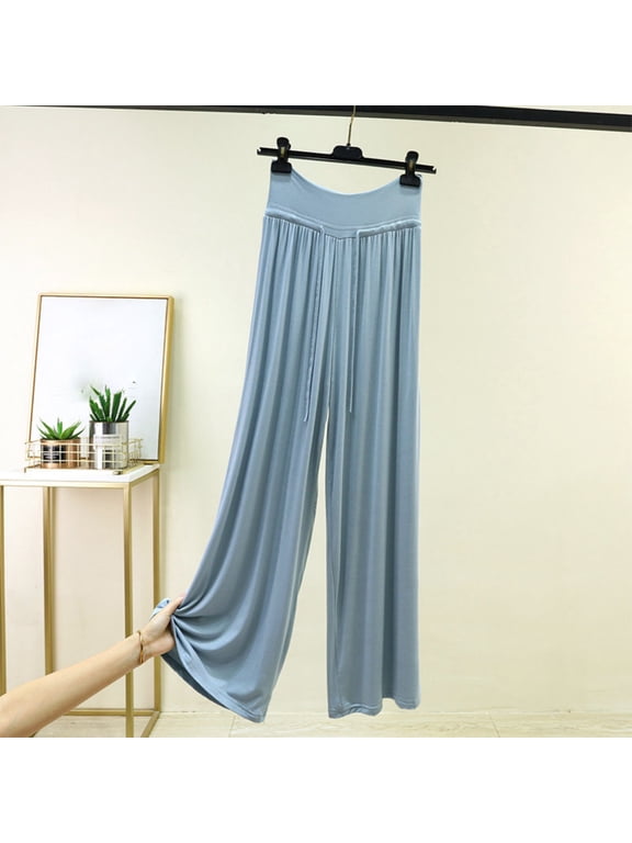 Womens Plus Size Flowy Palazzo Pants High Waist Stretch Drawstring Trousers Soft Solid Color Wide Leg Pant Light Blue 2XL