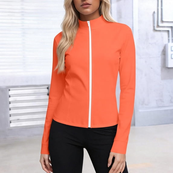 Oiangi Womens Plus Size Golf Jackets Sun Protection Stand Collar Tops Long Sleeve Zip Up Shirts Quick Dry Hiking Travel Workout Tops Orange M