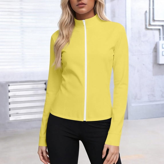 Oiangi Womens Plus Size Golf Jackets Sun Protection Stand Collar Tops Long Sleeve Zip Up Shirts Quick Dry Hiking Travel Workout Tops Yellow M