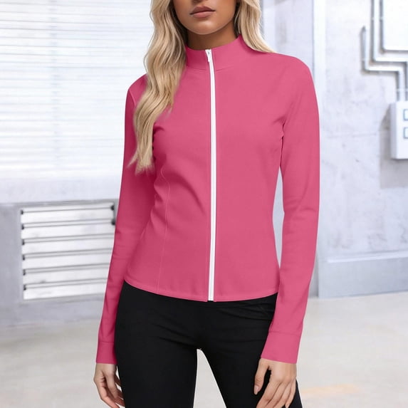 Oiangi Womens Plus Size Jackets Sun Protection Stand Collar Tops Zip Up Long Sleeve Golf Shirts Quick Dry Athletic Workout Top Hot Pink M