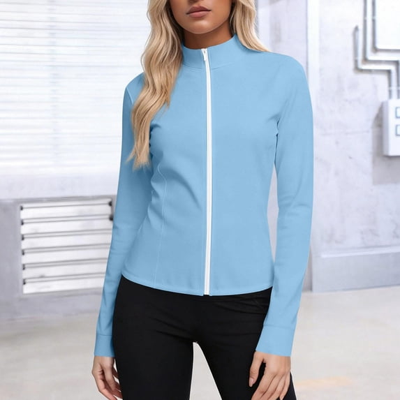 Oiangi Womens Plus Size Jackets Sun Protection Stand Collar Tops Zip Up Long Sleeve Golf Shirts Quick Dry Athletic Workout Top Light Blue 3XL